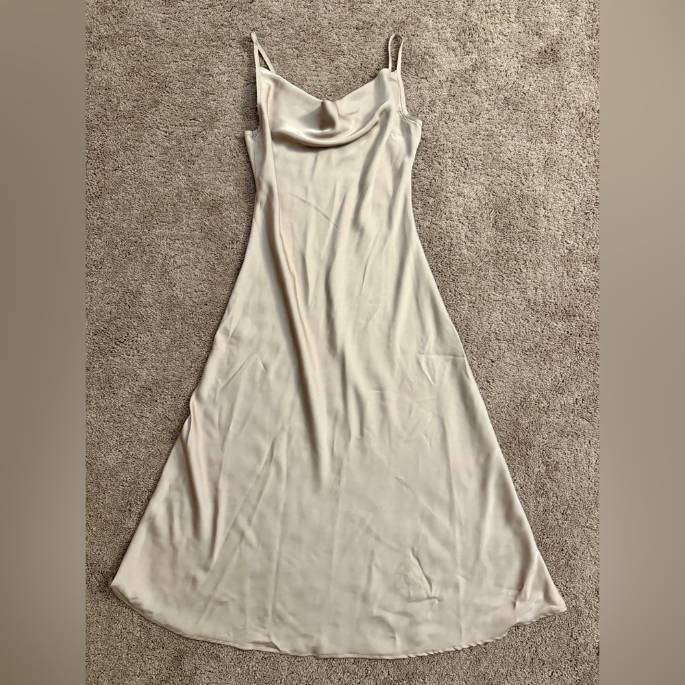 Satin Slip Midi Dress Women size S/M Tan Cowl Neck Sleeveless Flowy Aline Skirt